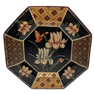 Vintage Oriental Accent Plate Octagon Decorative Butterfly Flowers Ceramic Black